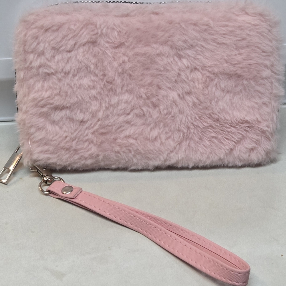 Women's Pink Faux Fur Wristlet Wallet 7"